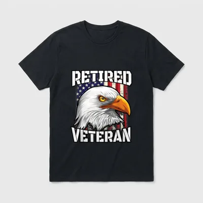 Retired Veteran Patriotic T-Shirt – Bold text reading RETIRED VETERAN with a bald eagle – Classic T-Shirt in Black