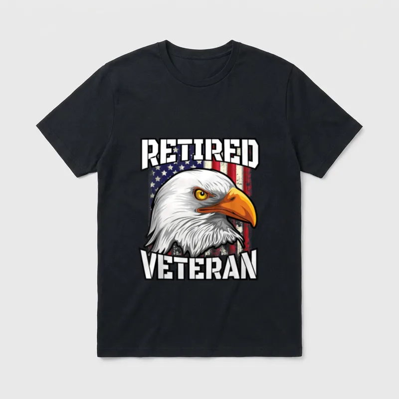 Retired Veteran Patriotic T-Shirt – Bold text reading RETIRED VETERAN with a bald eagle – Classic T-Shirt in Black