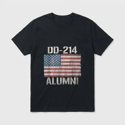 DD-214 Military Retirement T-Shirt – DD-214 ALUMNI text above a weathered American flag – Classic T-Shirt in Black