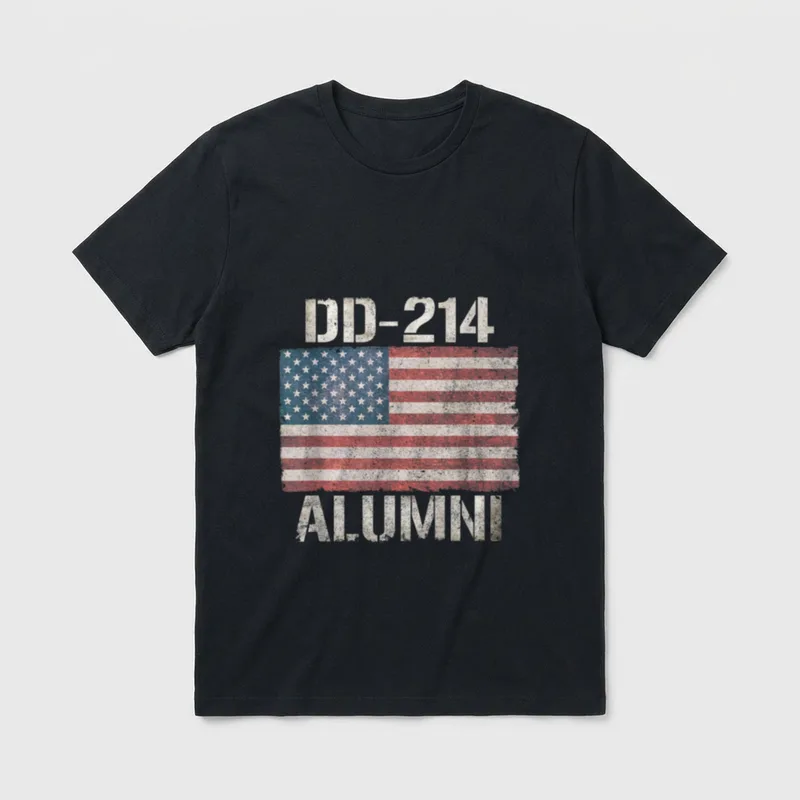 DD-214 Military Retirement T-Shirt – DD-214 ALUMNI text above a weathered American flag – Classic T-Shirt in Black