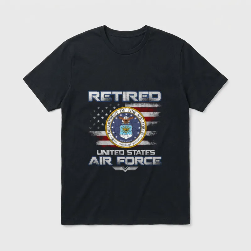 Retired US Air Force T-Shirt – RETIRED text with Air Force seal and American flag – Classic T-Shirt in Black