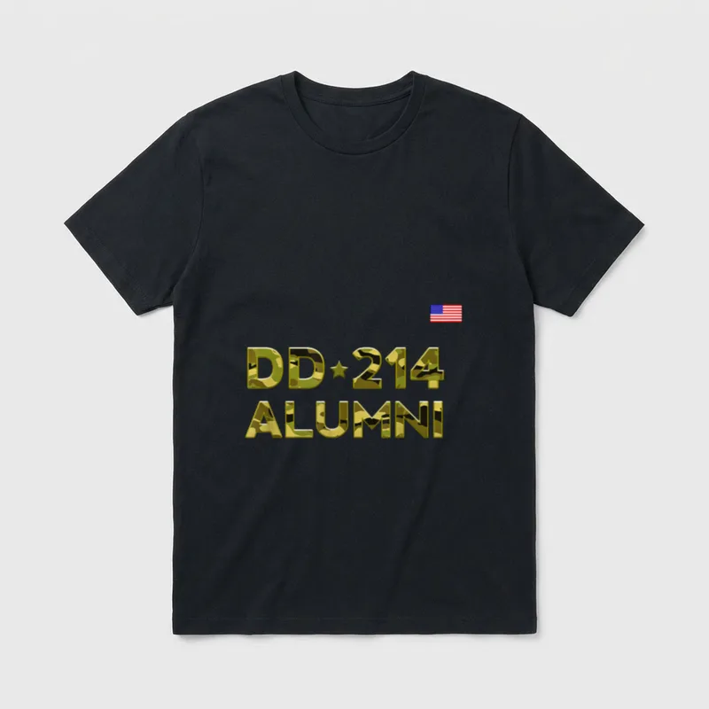 DD-214 Alumni Retirement T-Shirt – Gold DD-214 ALUMNI text with small star between lines – Classic T-Shirt in Black