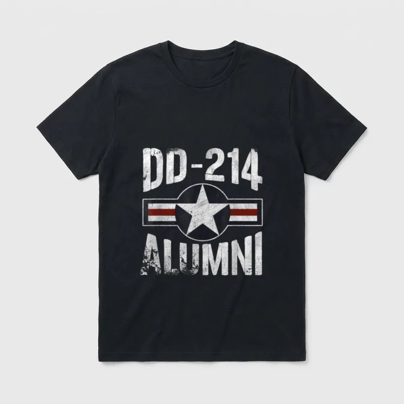 USAF Retired DD-214 T-Shirt – DD-214 ALUMNI text with Air Force star insignia – Classic T-Shirt in Black
