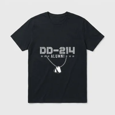 US Military Veteran Retired T-Shirt – DD-214 ALUMNI printed in white with dog tags – Classic T-Shirt in Black