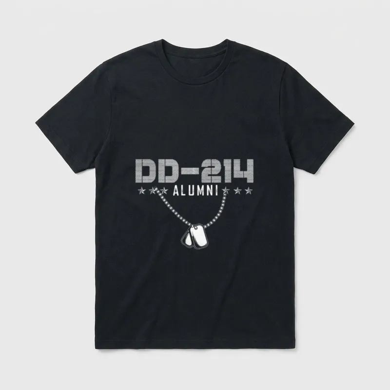 US Military Veteran Retired T-Shirt – DD-214 ALUMNI printed in white with dog tags – Classic T-Shirt in Black