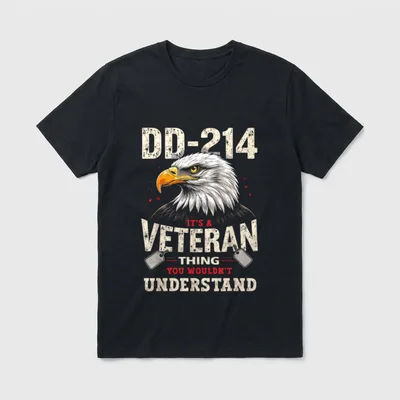DD-214 It's a Veteran Thing Flag T-Shirt – Bald eagle head with DD-214 text and dog tags – Classic T-Shirt in Black