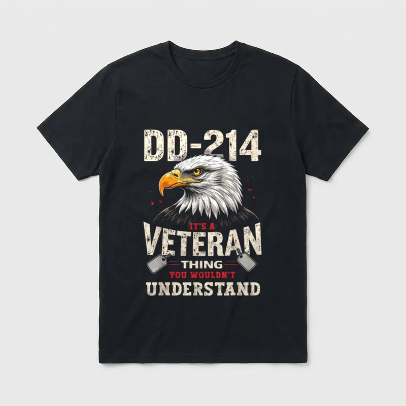DD-214 It's a Veteran Thing Flag T-Shirt – Bald eagle head with DD-214 text and dog tags – Classic T-Shirt in Black