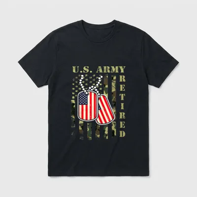 Retired Army Veteran T-Shirt – U.S. Army Retired text with US flag dog tags on camo stripes – Classic T-Shirt in Black