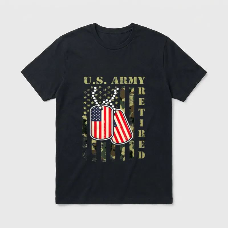 Retired Army Veteran T-Shirt – U.S. Army Retired text with US flag dog tags on camo stripes – Classic T-Shirt in Black