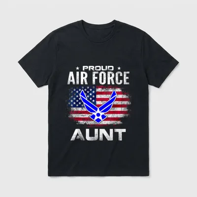 Proud Air Force Aunt T-Shirt – Text reading Proud Air Force Aunt with Air Force symbol over flag – Classic T-Shirt in Black