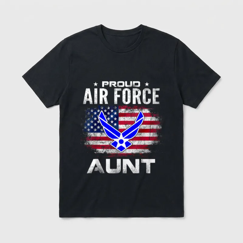 Proud Air Force Aunt T-Shirt – Text reading Proud Air Force Aunt with Air Force symbol over flag – Classic T-Shirt in Black