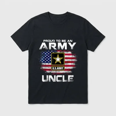 Army Uncle Veteran T-Shirt – Text reading PROUD TO BE AN ARMY UNCLE with Army star logo and flag – Classic T-Shirt in Black