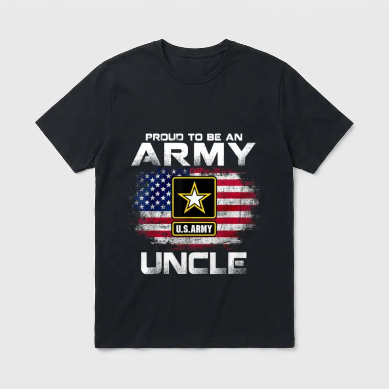 Army Uncle Veteran T-Shirt – Text reading PROUD TO BE AN ARMY UNCLE with Army star logo and flag – Classic T-Shirt in Black