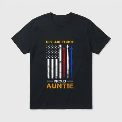 Military Aunt Veteran Family T-Shirt – U.S. Air Force text with jets and flag graphic – Classic T-Shirt in Black