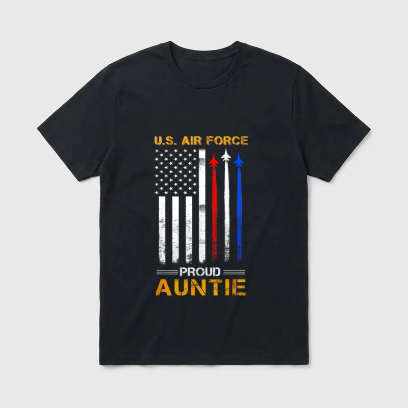 Military Aunt Veteran Family T-Shirt – U.S. Air Force text with jets and flag graphic – Classic T-Shirt in Black
