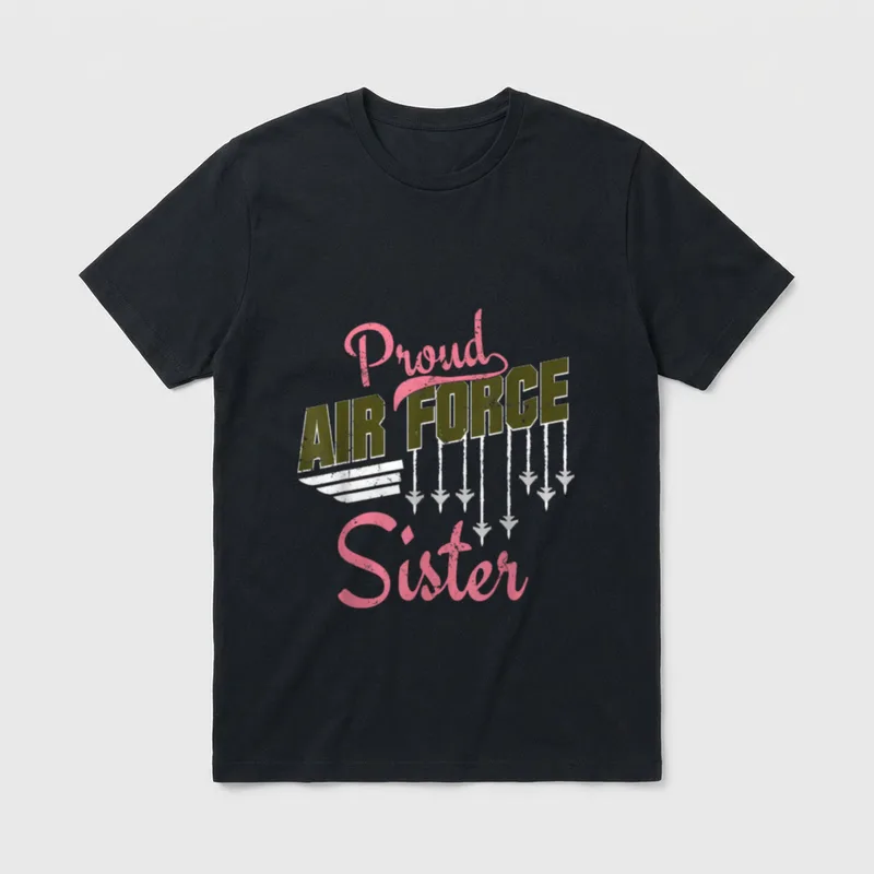 Proud Air Force Sister T-Shirt – Proud AIR FORCE Sister with aircraft and descending missiles – Classic T-Shirt in Black