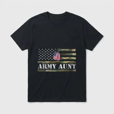 Proud Army Aunt T-Shirt – ARMY AUNT in distressed letters with military dog tags and American flag – Classic T-Shirt in Black
