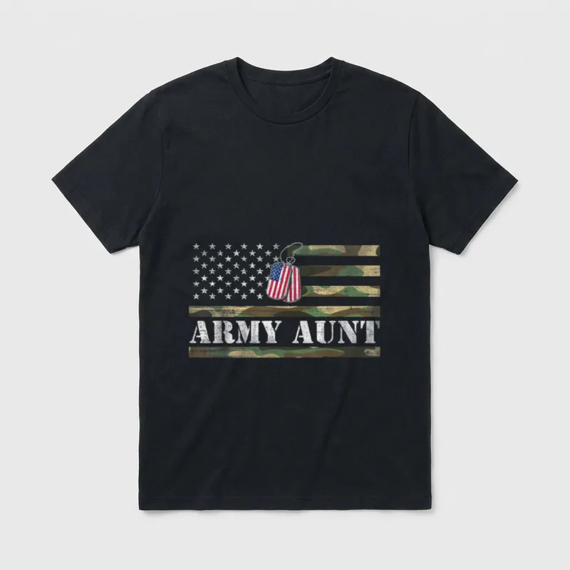 Proud Army Aunt T-Shirt – ARMY AUNT in distressed letters with military dog tags and American flag – Classic T-Shirt in Black