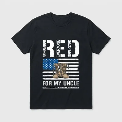 Red Friday Veteran Uncle T-Shirt – RED acronym with combat boots on American flag and tribute text – Classic T-Shirt in Black