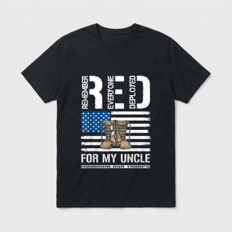 Red Friday Veteran Uncle T-Shirt – RED acronym with combat boots on American flag and tribute text – Classic T-Shirt in Black