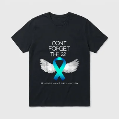 Veterans PTSD Support T-Shirt – Don't Forget The 22 with teal ribbon and white wings – Classic T-Shirt in Black