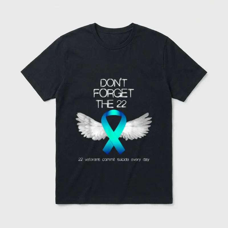 Veterans PTSD Support T-Shirt – Don't Forget The 22 with teal ribbon and white wings – Classic T-Shirt in Black