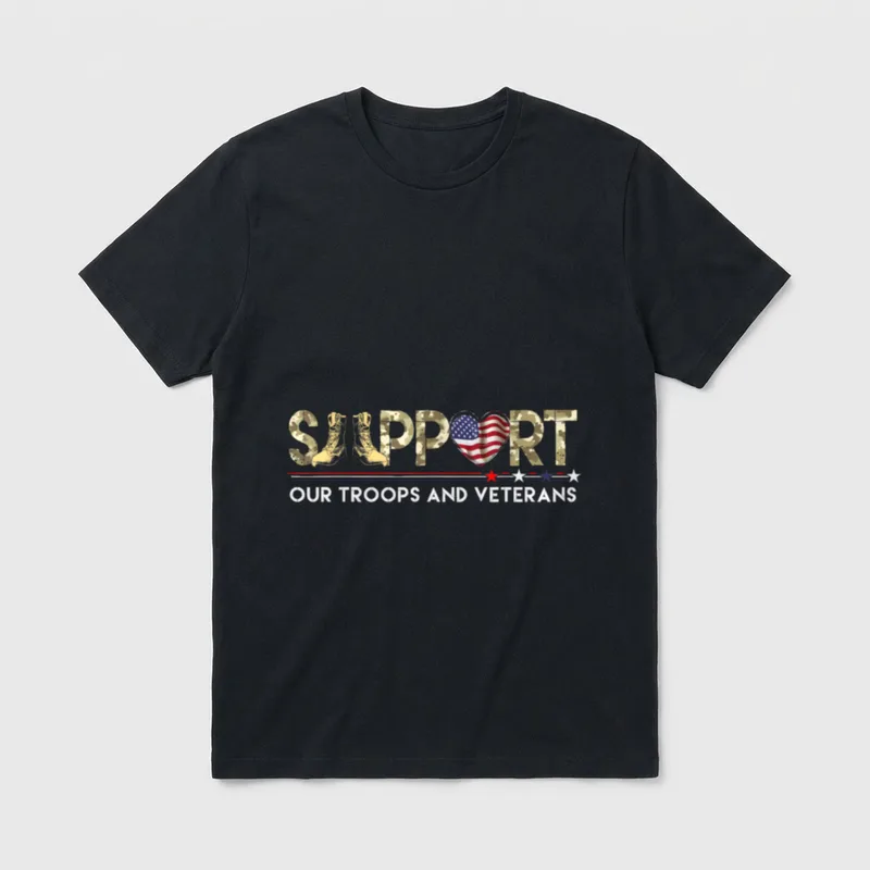 Veterans Day Support T-Shirt – Support Our Troops and Veterans with military boots and flag heart – Classic T-Shirt in Black