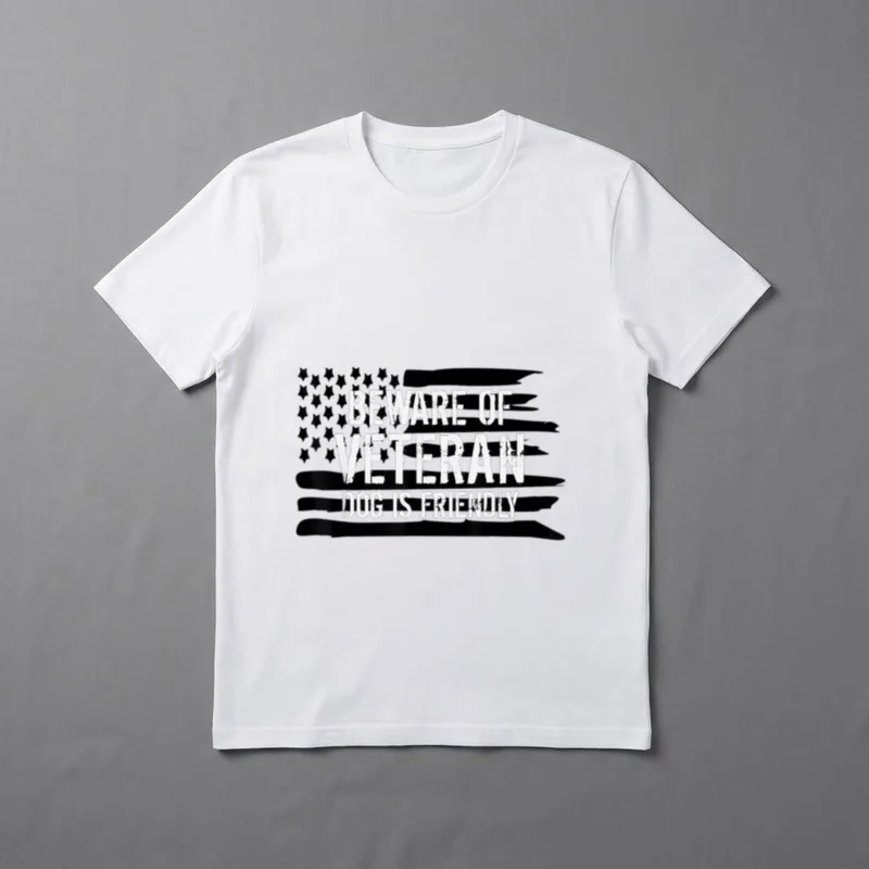 Veteran PTSD Service Dog T-Shirt – Beware of Veteran Dog Is Friendly text with American flag stars – Classic T-Shirt in Black