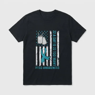 Veterans PTSD Awareness T-Shirt – 22 A Day Is 22 Too Many PTSD Awareness in teal text – Classic T-Shirt in Black