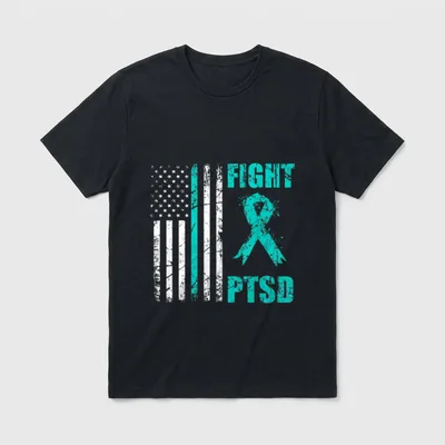 Veteran PTSD Awareness T-Shirt – FIGHT PTSD text with American flag and teal awareness ribbon – Classic T-Shirt in Black