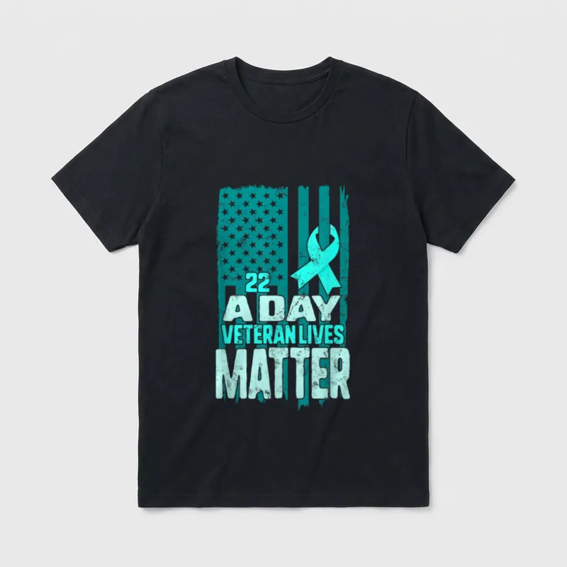 PTSD Awareness a Day T-Shirt – 22 A DAY VETERAN LIVES MATTER with awareness ribbon – Classic T-Shirt in Black