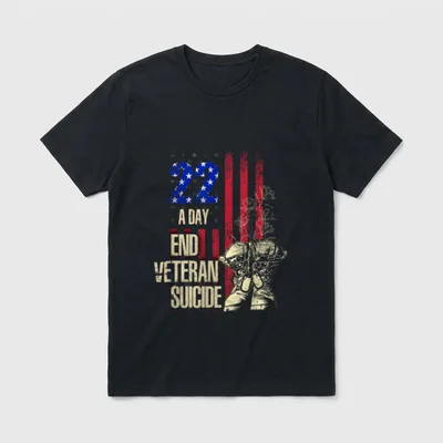 Patriotic Veteran Mental Health T-Shirt – 22 A DAY END VETERAN SUICIDE text with flag and boots – Classic T-Shirt in Black