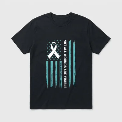 PTSD Awareness Veterans T-Shirt – "Not All Wounds Are Visible PTSD Awareness" text with ribbon – Classic T-Shirt in Black