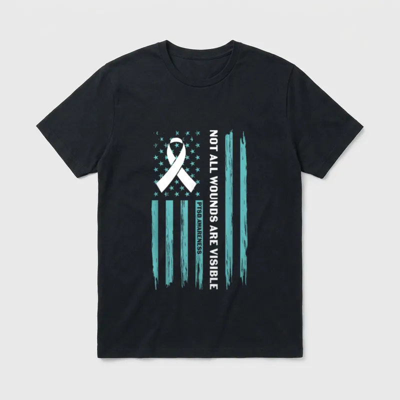 PTSD Awareness Veterans T-Shirt – "Not All Wounds Are Visible PTSD Awareness" text with ribbon – Classic T-Shirt in Black