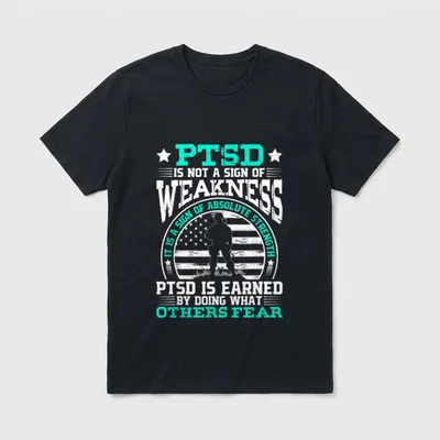 PTSD Trauma Survivors Support T-Shirt – PTSD text with veteran silhouette and American flag design – Classic T-Shirt in Black
