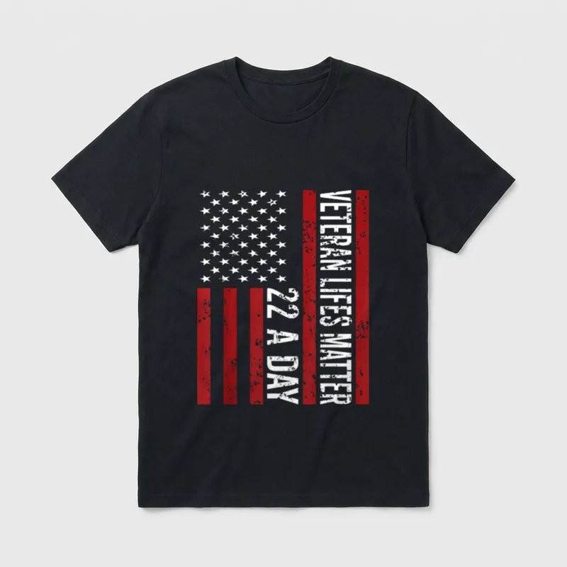 PTSD Veteran Support T-Shirt – Distressed American flag with veteran 22 day suicide awareness text – Classic T-Shirt in Black