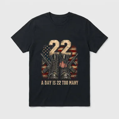 A Day is Too Many T-Shirt – Number 22 with military boots, handguns, and American flag elements – Classic T-Shirt in Black