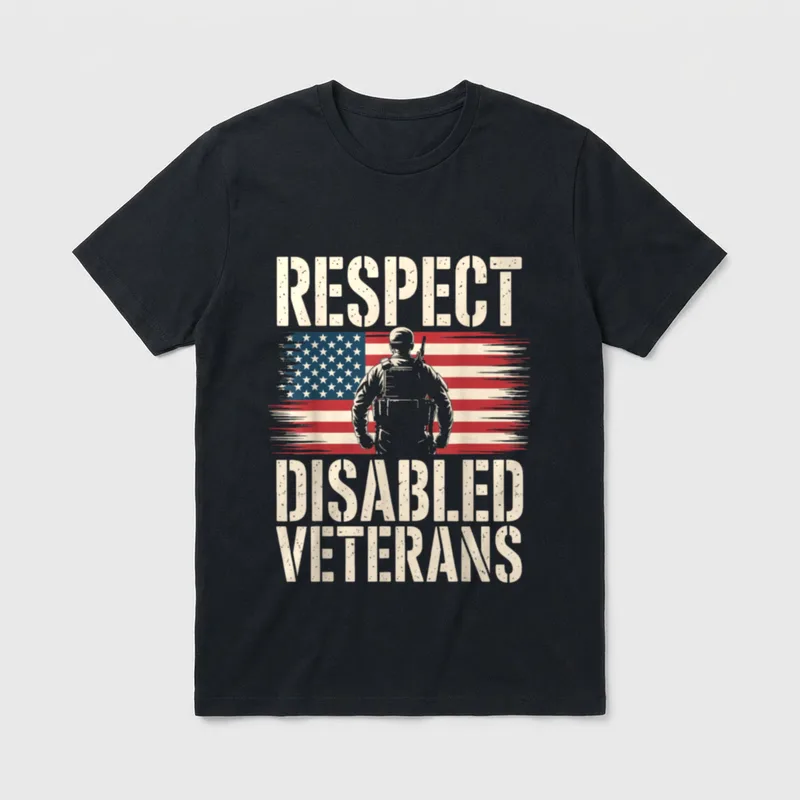Respect Disabled Veterans T-Shirt – RESPECT DISABLED VETERANS text with soldier and flag – Classic T-Shirt in Black