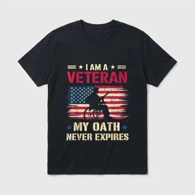 I Am a Veteran T-Shirt – Distressed flag with disabled veteran silhouette and oath text – Classic T-Shirt in Black