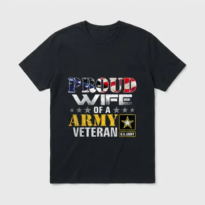 Proud Military Spouse T-Shirt – Text reading PROUD WIFE OF A ARMY VETERAN with flag pattern – Classic T-Shirt in Black