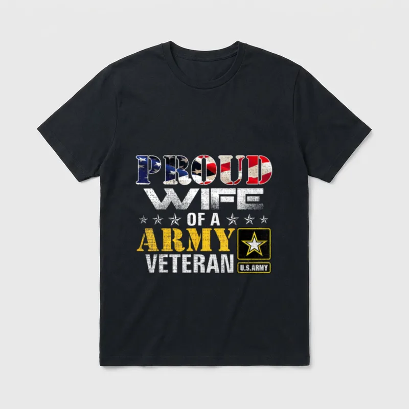 Proud Military Spouse T-Shirt – Text reading PROUD WIFE OF A ARMY VETERAN with flag pattern – Classic T-Shirt in Black