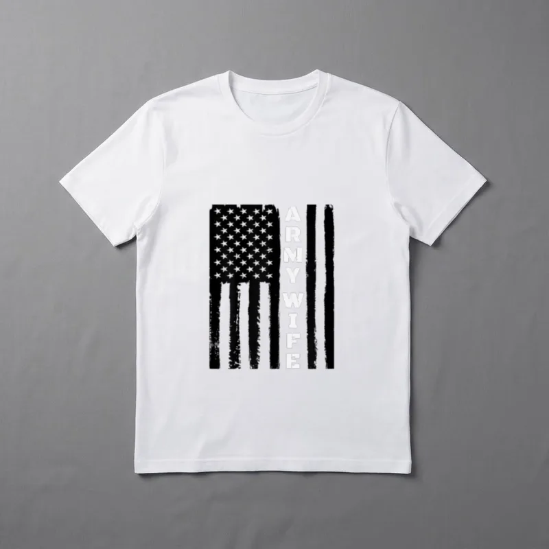 Proud Army Wife T-Shirt – "ARMY WIFE" in white letters next to distressed American flag – Classic T-Shirt in Black