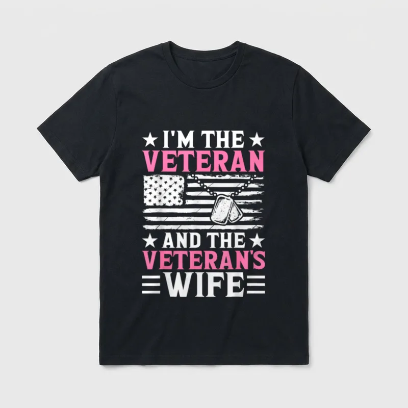 Female Veteran Mom T-Shirt – White and pink text: I'M THE VETERAN AND THE VETERAN'S WIFE – Classic T-Shirt in Black