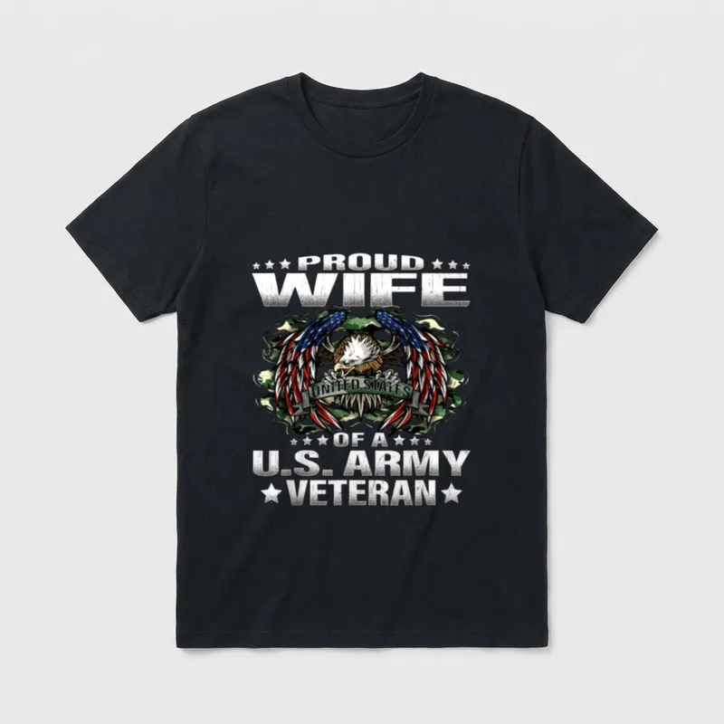 Military Spouse Pride T-Shirt – Proud Wife of A US Army Veteran text with eagle – Classic T-Shirt in Black