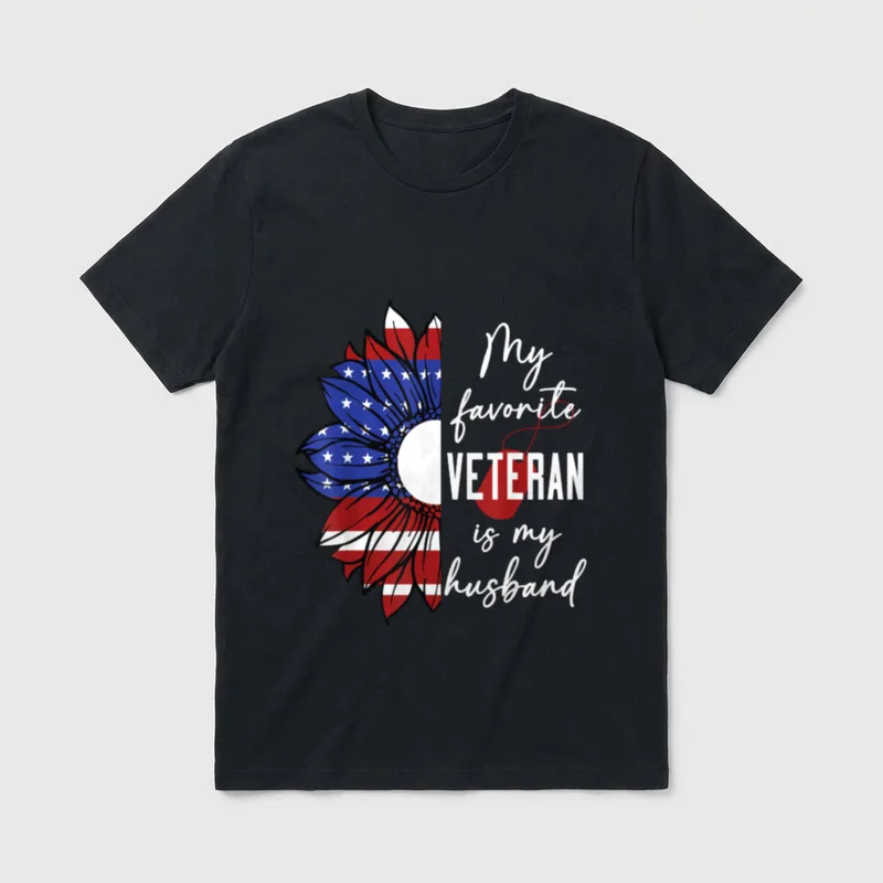 Veteran Husband Wife T-Shirt – "My favorite VETERAN is my husband" with patriotic sunflower – Classic T-Shirt in Black