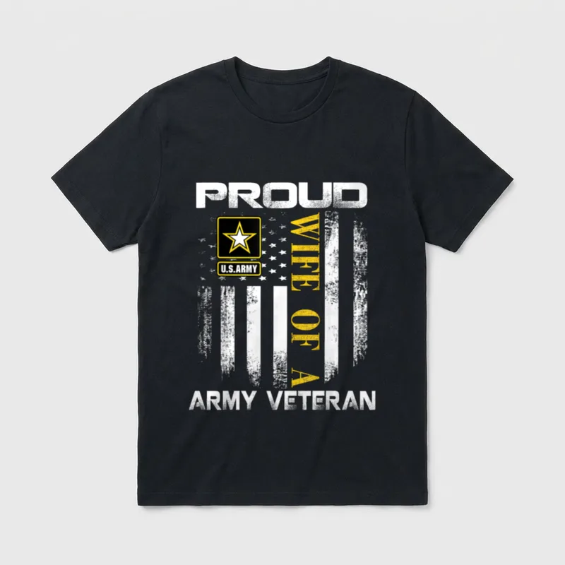 Military Spouse Vintage T-Shirt – PROUD WIFE OF A ARMY VETERAN with Army star and flag – Classic T-Shirt in Black