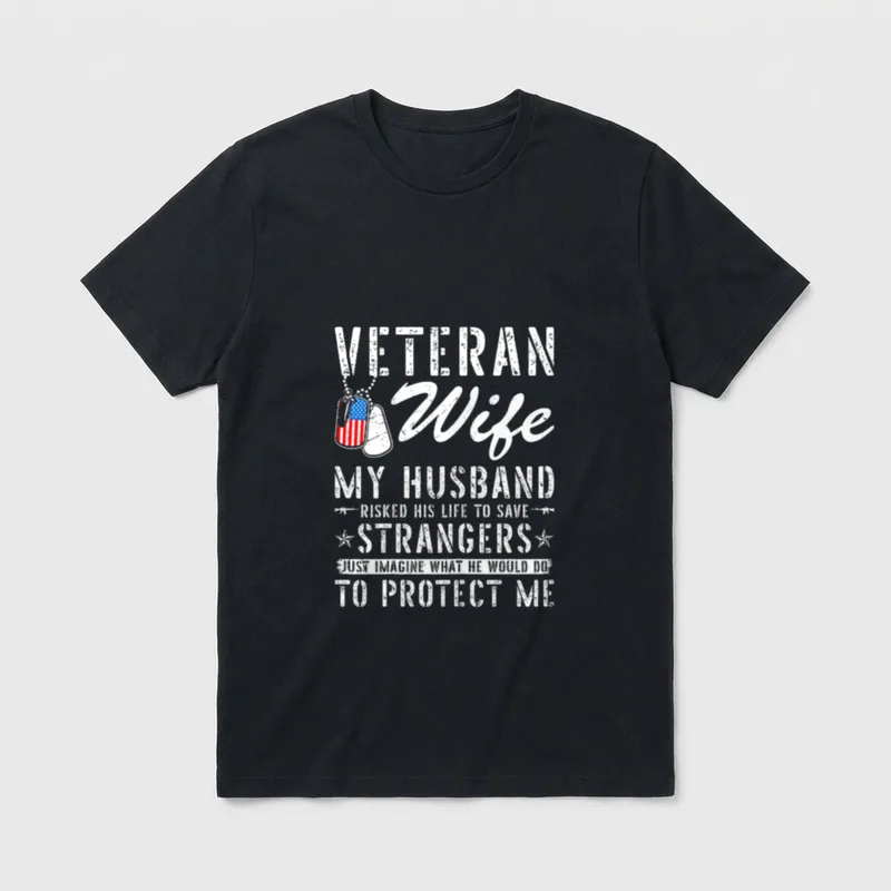 Army Wife Veteran Husband T-Shirt – Text reading Veteran Wife and My Husband with dog tags – Classic T-Shirt in Black