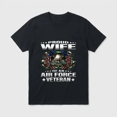 Air Force Vet's Wife T-Shirt – PROUD WIFE OF AN AIR FORCE VETERAN with eagle and stars – Classic T-Shirt in Black