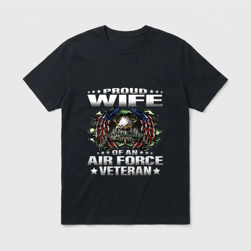 Air Force Vet's Wife T-Shirt – PROUD WIFE OF AN AIR FORCE VETERAN with eagle and stars – Classic T-Shirt in Black