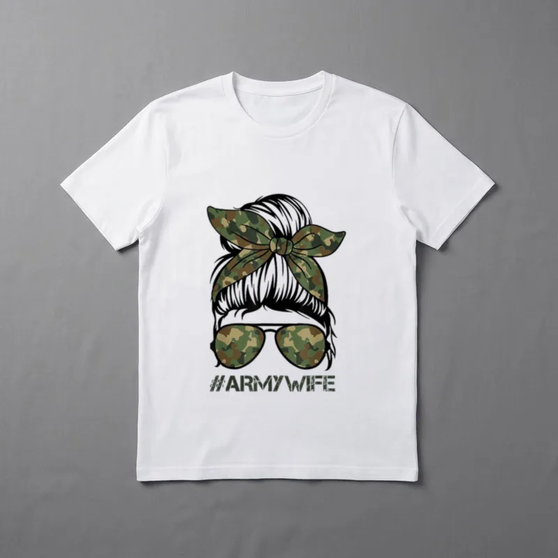 Army Wife Messy Bun T-Shirt – #ARMYWIFE with messy bun, camo bandana, camo sunglasses – Classic T-Shirt in Black